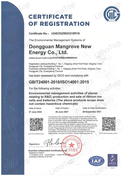 ISO14001 certification document for Lizo Power e-bike batteries