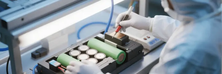 Gloved technician inspecting lithium battery cells during lab pack validation