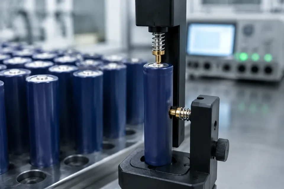 A single 21700 cell clamped in a probe fixture for internal-resistance measurement