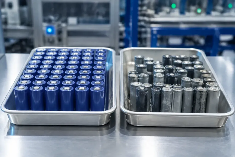 Trays of new cells beside visibly older reclaimed cells with scuffed, mismatched wrappers