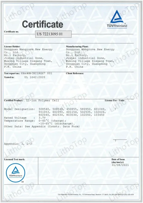 UL1642 certification document for Lizo Power e-bike batteries